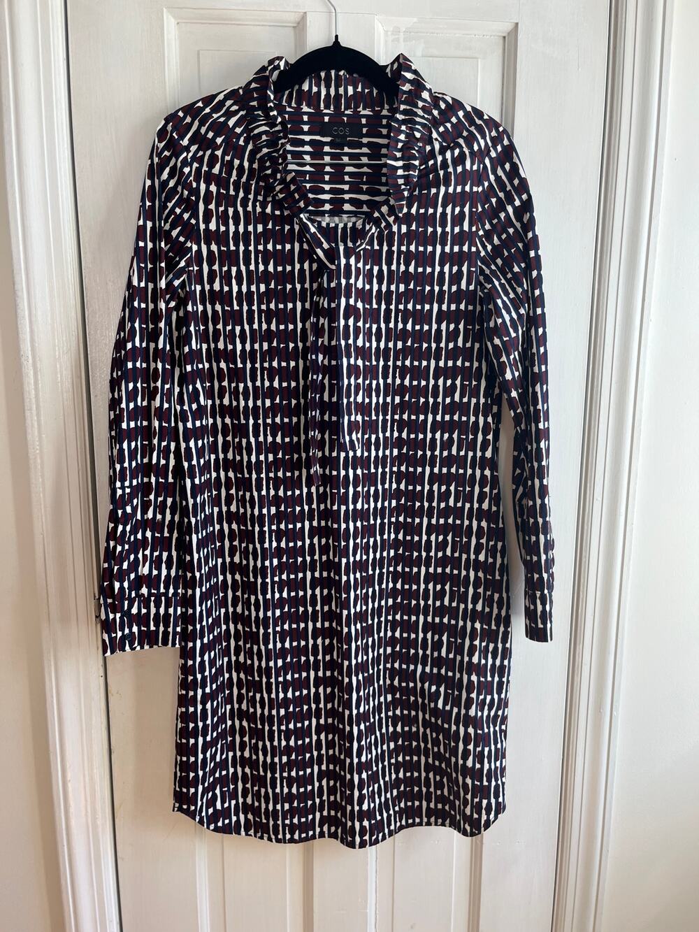 COS Printed Ruffle Neck Tie Front Cotton Midi Dress | Abstract Minimalist Sz 2